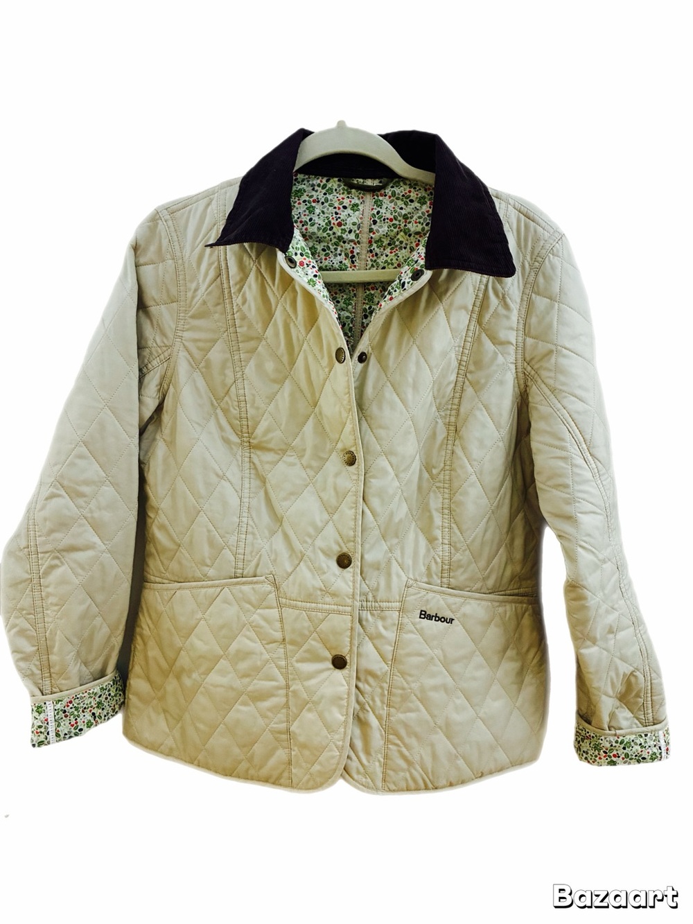 Barbour Quilted Cream Jacket Contrast Corduroy Collar and floral lining 8 EUC